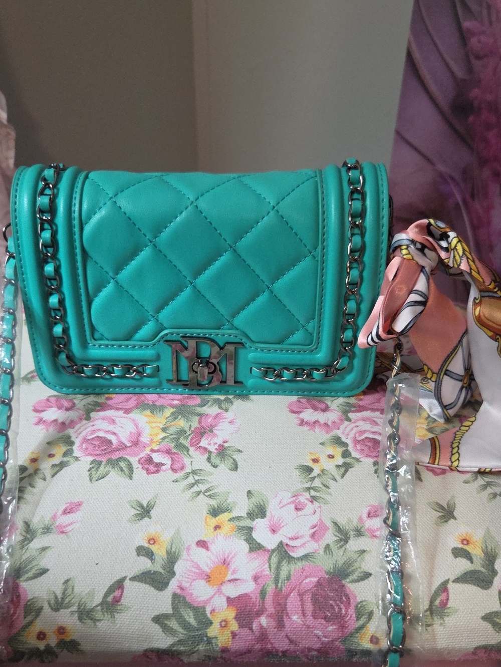 Badgley Mischka Turquoise Quilted Chain Crossbody Bag With Scarf